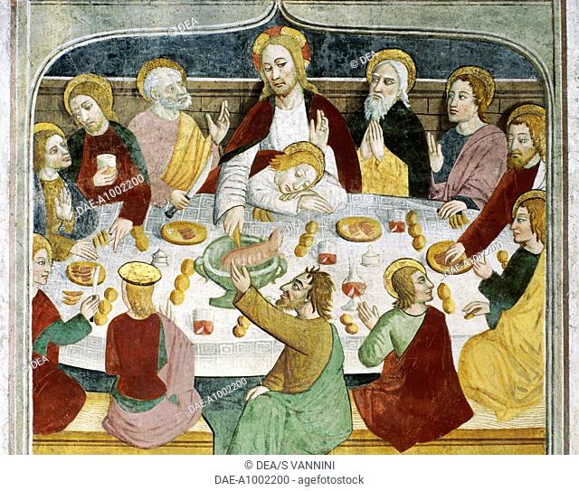 Detail of the table set for the Last Supper, fresco, by Giovanni Canavesio, 1491, in the Notre-Dame des Fontaines Chapel, La Brigue