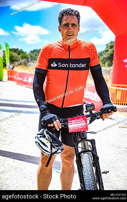 Former cyclist Miguel Induráin at the end of the race in Madrid, Spain Jun 13, 2020. The former Tour de France winner cyclist competes in a MTB time trial in...