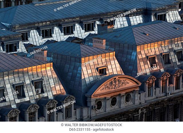 Romania, Bucharest, Lipscani, Old Town, building detail, elevated view, dusk