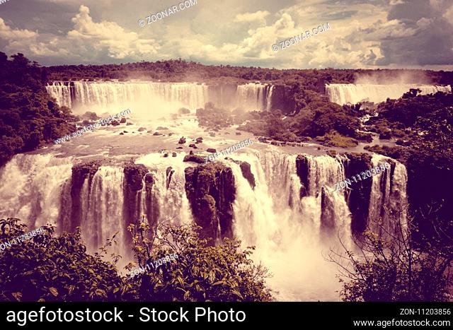 iguazu falls national park. tropical waterfalls and rainforest landscape. Vintage effect