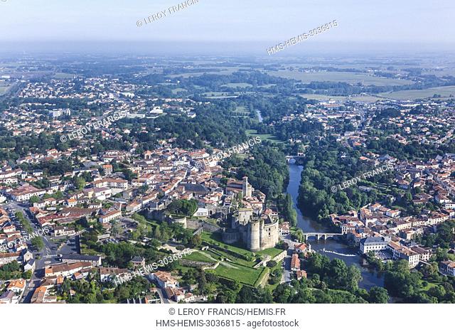 France, Loire Atlantique, Clisson, the castle and the city on the Sevre Nantaise river (aerial view)