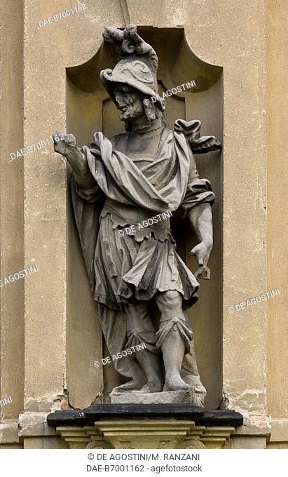 Stone statue depicting a man with helmet and ancient clothing, facade of Villa Arconati, Castellazzo di Bollate, Lombardy, Italy, 18th century