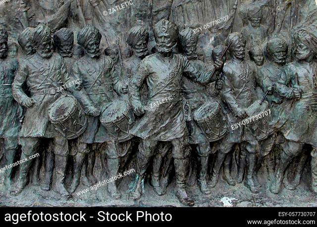 Sikh soldiers represented on a pedestal of the statue erected to Earl Minto, Viceroy to Indian between 1905 and 1910. Victoria Memorial, Kolkata, India