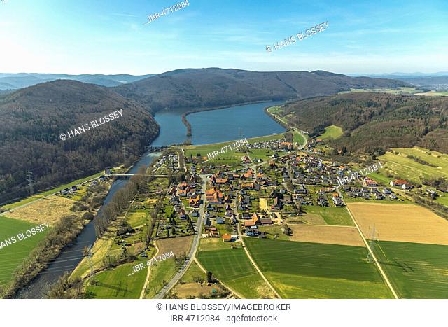 Aerial view, lake Affolderner See and village Affoldern in Edertal, North Hesse, Hesse, Germany