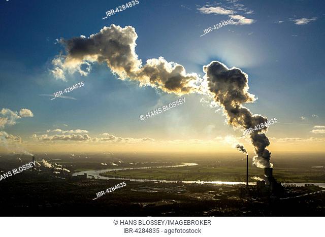 Coal plant Kraftwerk Duisburg-Walsum in front of the Rhine, backlit, cloud of smoke, emissions, Ruhr district, Duisburg, North Rhine-Westphalia, Germany
