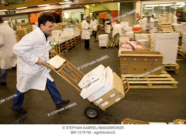 Francois Pasteau, chef from the L'Epi Dupin restaurant in the meat and poultry hall, Produits carnes, Rungis wholesale market near Paris, France, Europe