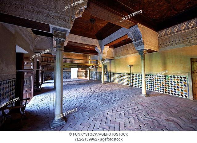 Arabesque Moorish architecture of the Mexuar administrative rooms in the Palacios Nazaries. Alhambra, Granada, Andalusia, Spain