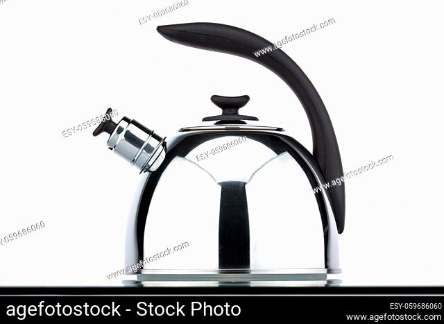 Chrome kettle with whistle, shot on a white background