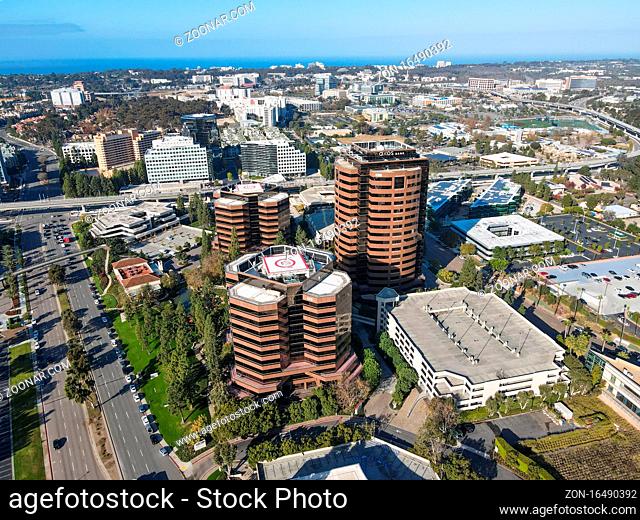 Aerial view of business office building in University City large residential and commercial district, San Diego, California, USA. December 1st, 2020