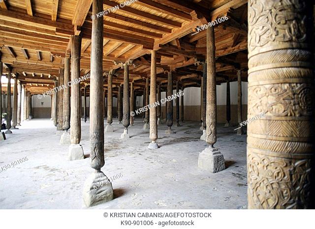 The wooden pillars inside the Juma Mosque in the Ichon-Qala (Old Town), Khiva, Uzbekistan, Central Asia