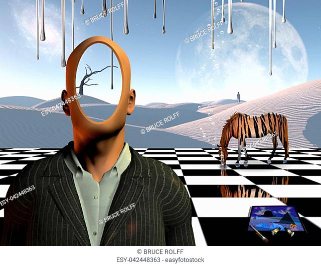 Surrealism. Faceless businessman stands on chessboard. Lonely man in a distance. White sand dune. Striped horse like a tiger. Painting and brushes