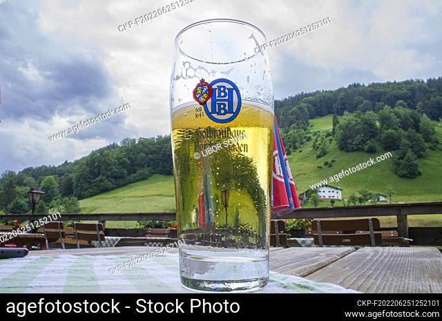 The half litre glass of Berchtesgadener beer in Maria Gern, Berchtesgaden, Berchtesgadener Land district, Upper Bavaria, Germany, on June 16, 2022