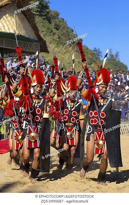 Yimchunger Tribe men performing at Hornbill Festival, Kisama, Nagaland, India
