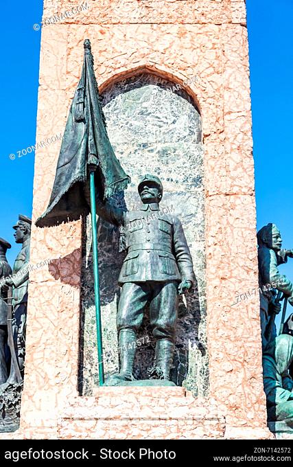Istanbul, Turkey - April 11, 2015: Republic Monument on the Taksim Square to commemorate the formation of the Turkish Republic in 1923
