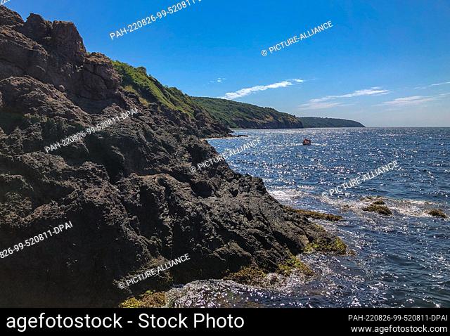03 August 2022, Denmark, Vang: Landscape on the west coast near the ruins of the medieval fortress Hammershus on the Danish island in the Baltic Sea