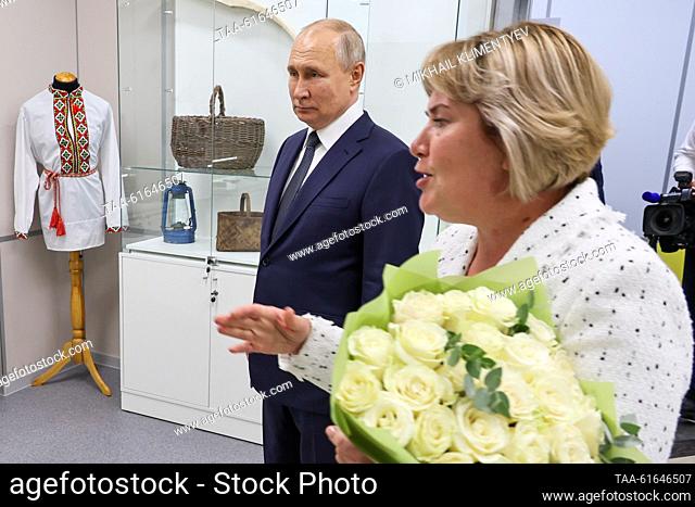 RUSSIA, TVER REGION - SEPTEMBER 1, 2023: Russia's President Vladimir Putin (C) is seen during a tour of new buildings of a kindergarten and a secondary...