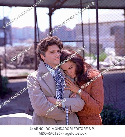 Brazilian actress Florinda Bolkan (Florinda Soares Bulcao) and American actor Tony Musante (Anthony Peter Musante) hugging each other in a scene from the film...