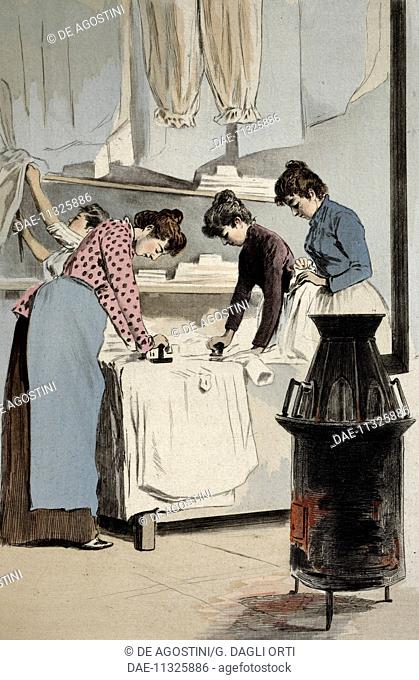 Ladies ironing, engraving by Frederic Masse, painting by Pierre Vidal (1849-1929), from La Femme a Paris nos contemporaines, Octave Uzanne magazine (1851-1931)