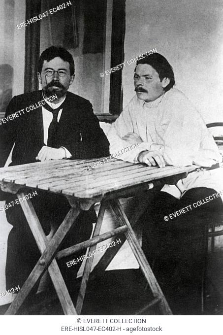 Russian writers, Anton Chekhov and Maxim Gorky in Yalta, c.1900. Their friendship began when Chekhov quit his own academic position to protest Tsar Nicholas IIs...