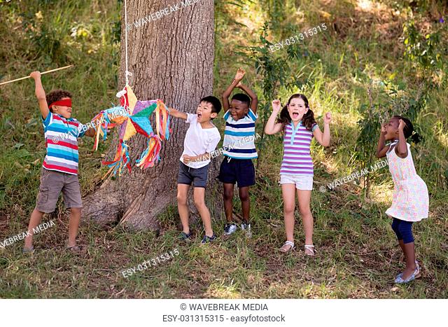 Group of friends cheering for blindfolded boy hitting pinata hanging on tree