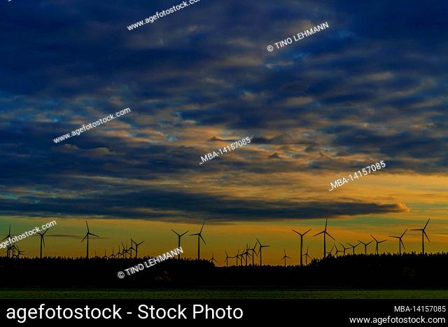 many wind turbines just before sunset, beautiful cloudy sky