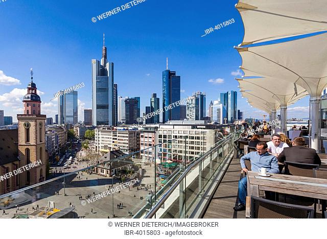Terrace, Restaurant Leonhard's, view of the Financial District, Hauptwache in front, Frankfurt am Main, Hesse, Germany