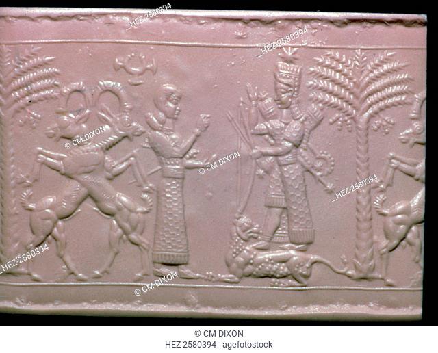 Seal showing the goddess Ishtar, Neo-Assyrian, c720-c700 BC. Assyrian cylinder-seal impression showing Ishtar, Mesopotamian goddess of sexuality and warfare