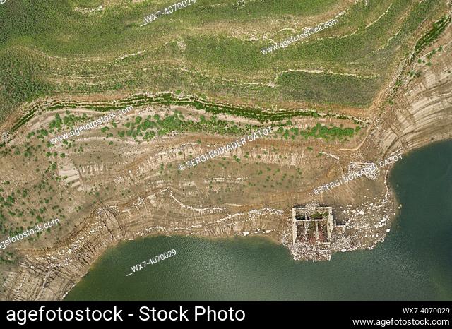 Aerial view of the Susqueda reservoir in the Sant Martí de Querós area during the summer drought of 2022 (Les Guilleries, Girona, Catalonia, Spain)