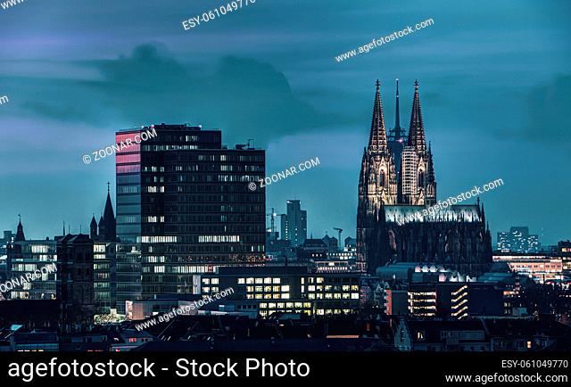 Panoramic view of Cologne Cathedral at the blue hour, Germany