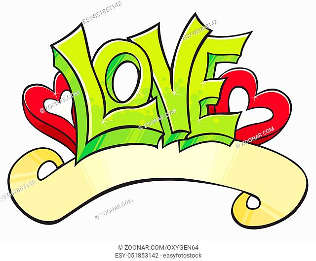 Love word with hearts drawed in graffiti style