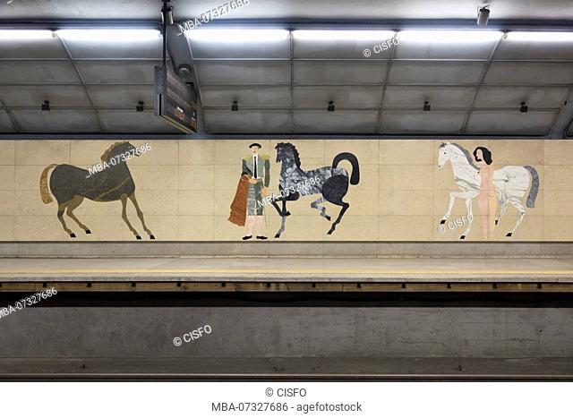Portugal, Lisbon, Lisbon Estação do Campo Pequeno artistical designed wall frieze in the metro