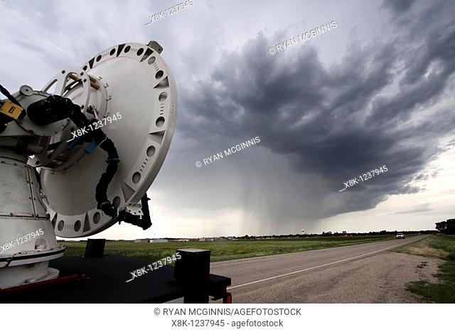 A mobile Doppler Radar truck scans a storm near Pickstown, South Dakota, June 3, 2010