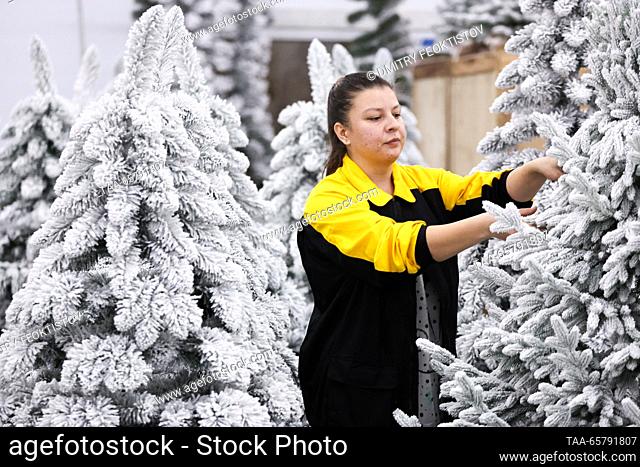RUSSIA, NOVOROSSIYSK - DECEMBER 15, 2023: A worker assembles an artificial Christmas tree at the Novaya Yolka [New Fir Tree factory