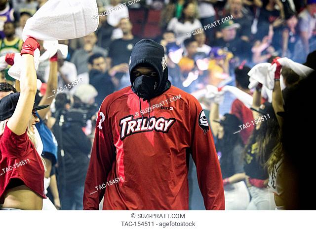 A player from the Trilogy team enters the arena in week nine of the BIG3 three-on-three basketball league at KeyArena on August 20, 2017 in Seattle, Washington