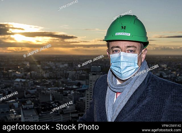 Antwerp Mayor Bart De Wever pictured during the placement of a new rooster weather vane on the the Cathedral of our Lady (Onze-Lieve-Vrouwkathedraal -...