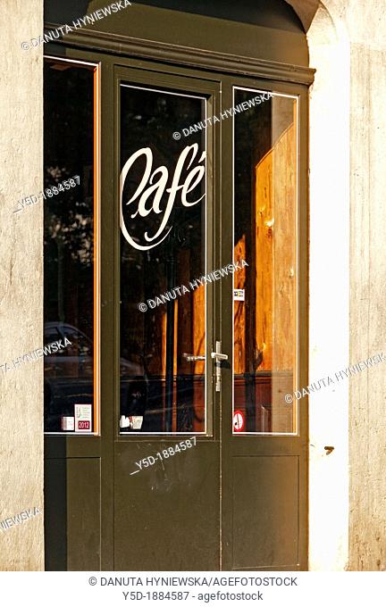 entrance to coffe bar in Geneva, Switzerland, French speaking part of Switzerland