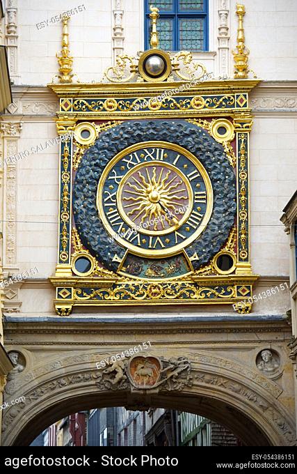Clock, named as Gros Horloge, in Rouen, Normandy, France