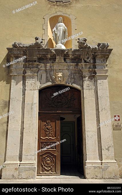 Entrance of the Cathedral Notre-Dame-de-l'Assomption d'Entrevaux, Entrevaux, Alpes-de-Haute-Provence, Provence-Alpes-Cote d'Azur, South of France