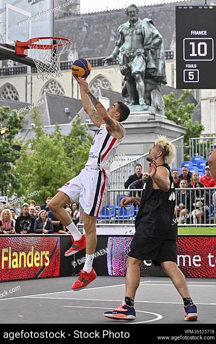 New Zealand's Dominique David Tuatini Kelman-Poto and France Leopold Cavaliere pictured in action during a 3x3 basketball game between France and New Zealand