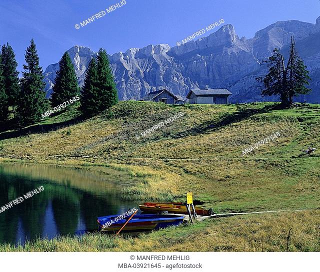 Switzerland, Berner Oberland, Col du Pillon, Lac Retaud, mountains, passport, mountain-passport, mountain-meadow, Alm, alm, cottage, lake, mountain lake, nature