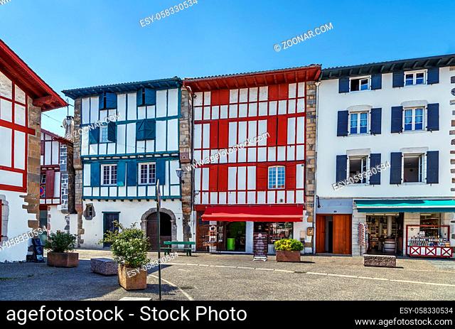 Street with historical houses in Espelette, Pyrenees-Atlantiques, France