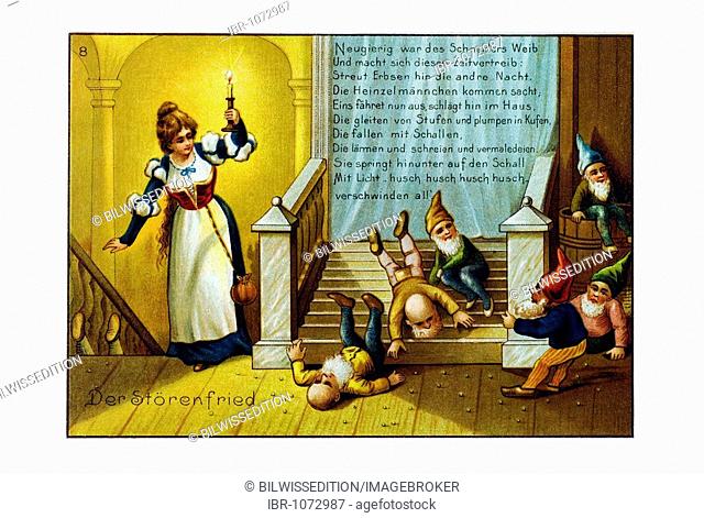 Historical illustration, Heinzelmaennchen, little house gnomes from Cologne, Image 8 of 9, Der Stoerenfried, The Troublemaker, 19th Century legend