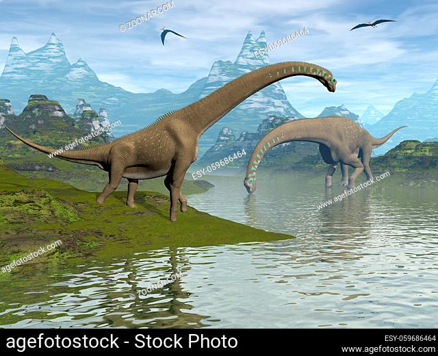 Giraffatitan dinosaurs walking in a landscape by day - 3D render