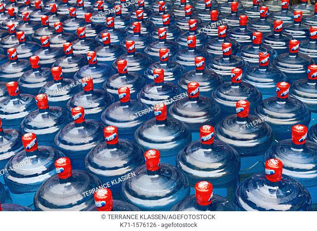 Closeup of drinking water bottles in Chengdu, Sechuan, China