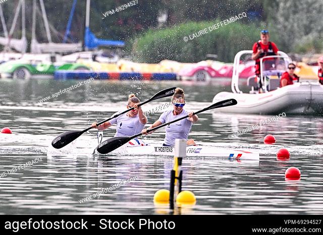 French kayak sprinter Vanina Paoletti and French kayak sprinter Manon Hostens pictured in action during the final A of the women's kayak double 500m event