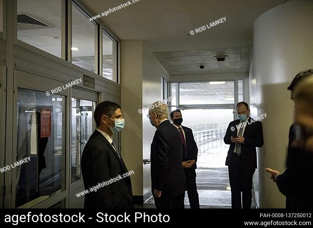 United States Senate Majority Leader Mitch McConnell (Republican of Kentucky) waits for the Senate subway car as he makes his way to his office following the...