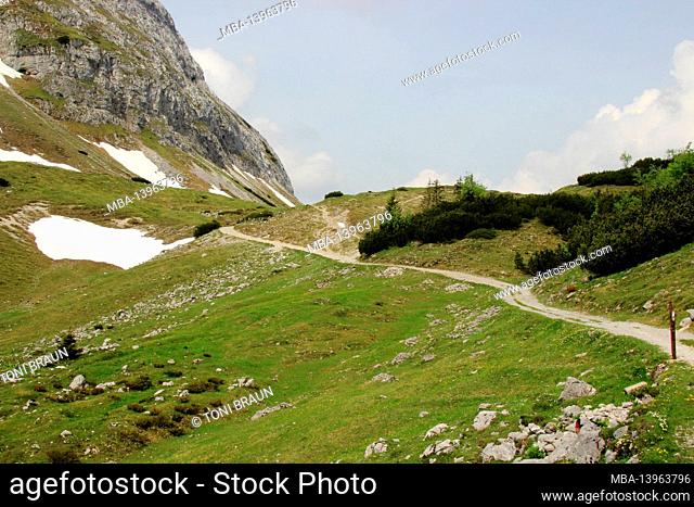 Path from the Hochalmsattel at the Karwendelhaus to the Kleiner Ahornboden in the Eng, Tyrol, Austria
