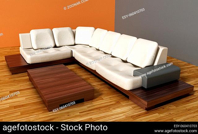 Modern and elegant sofa on parquet surface. 3D illustration