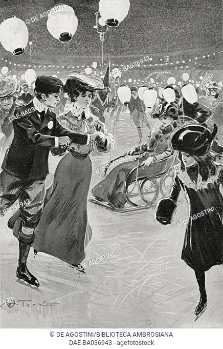 Skaters on the ice during a night festival at the Arena, Milan, Italy, drawing by A Terzi, from L'Illustrazione Italiana, Year XXX, No 6, February 8, 1903