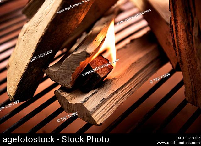 Burning grill lighter between logs